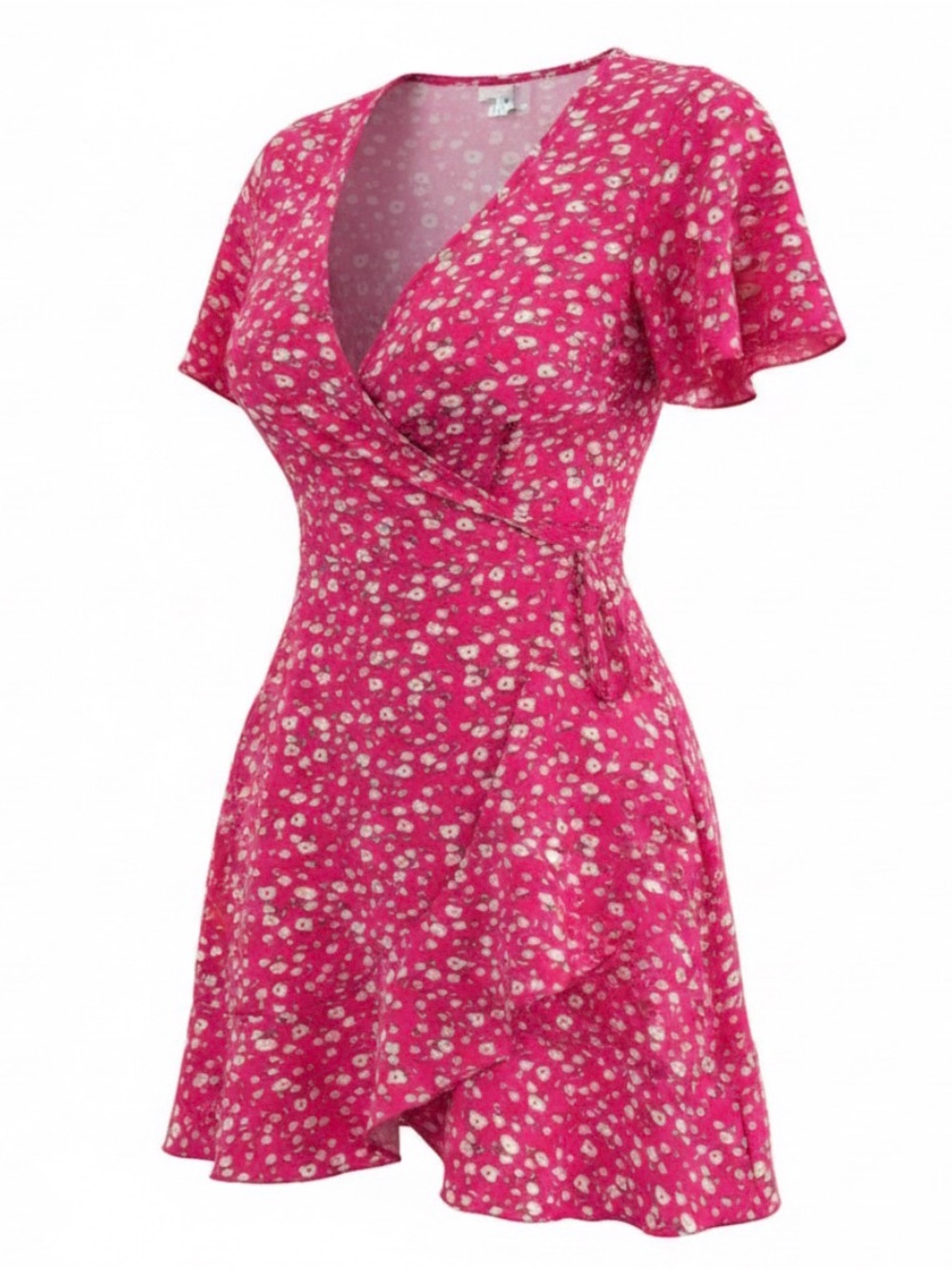 A-Line Wrap Dress With Short Flutter Sleeves and Adjustable Tie Waist